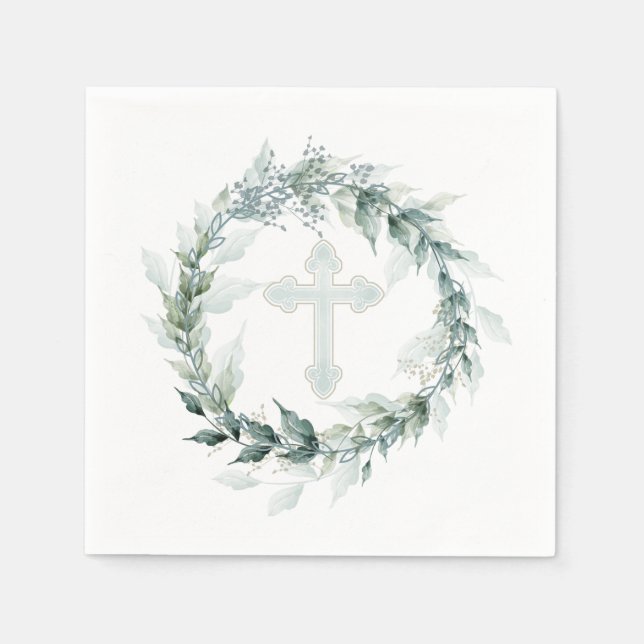 Wreath Blue Cross Communion Baptism Christening Napkin (Front)