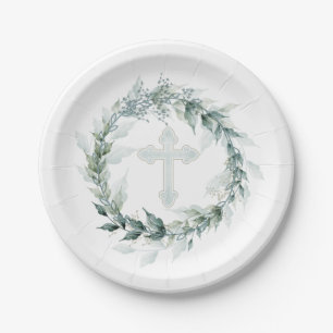 Wreath & Blue Cross Communion Baptism Christening Paper Plate