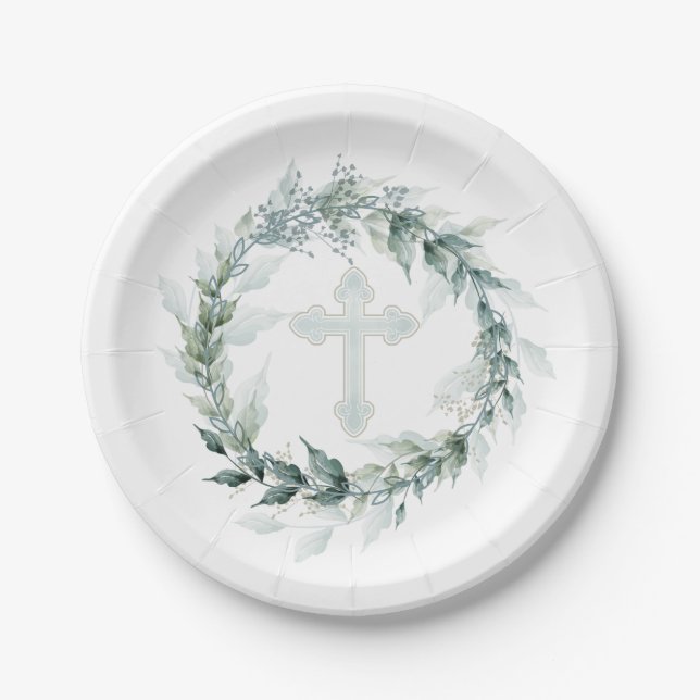 Wreath & Blue Cross Communion Baptism Christening Paper Plate (Front)