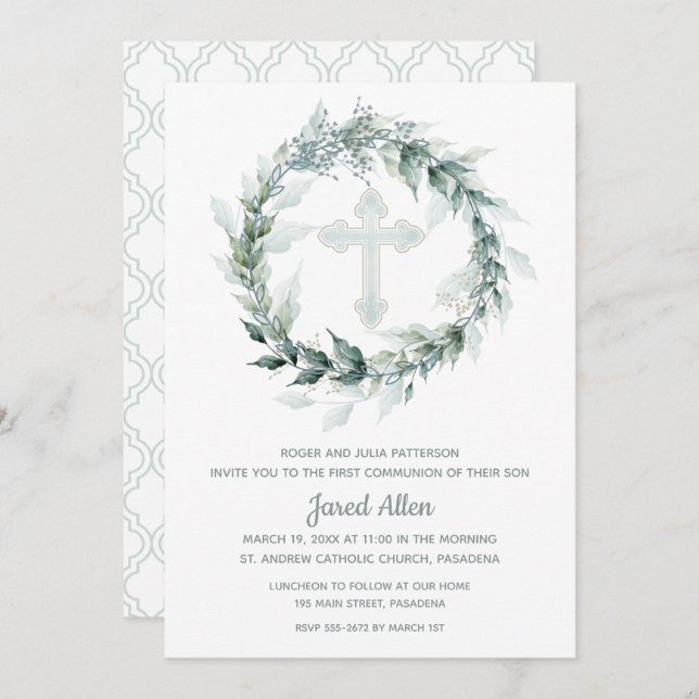 Wreath Blue Cross First Communion Invitations (Front/Back)