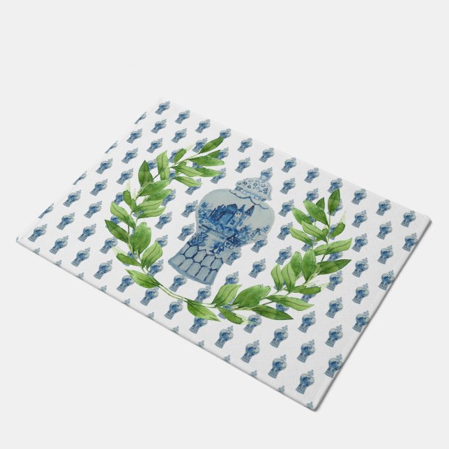Wreath Blue & White Ginger Jar Doormat (Angled)