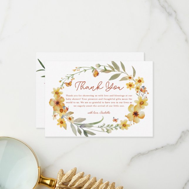 Wreath Boho Wildflowers Baby Shower Thank You Card (Front/Back In Situ)