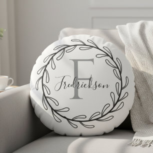Wreath botanical minimalist black round cushion