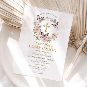 Wreath Butterfly Pink Roses First Holy Communion  Invitation