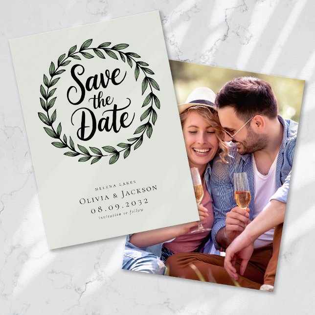 Wreath Calligraphy Photo Wedding Save The Date (Creator Uploaded)