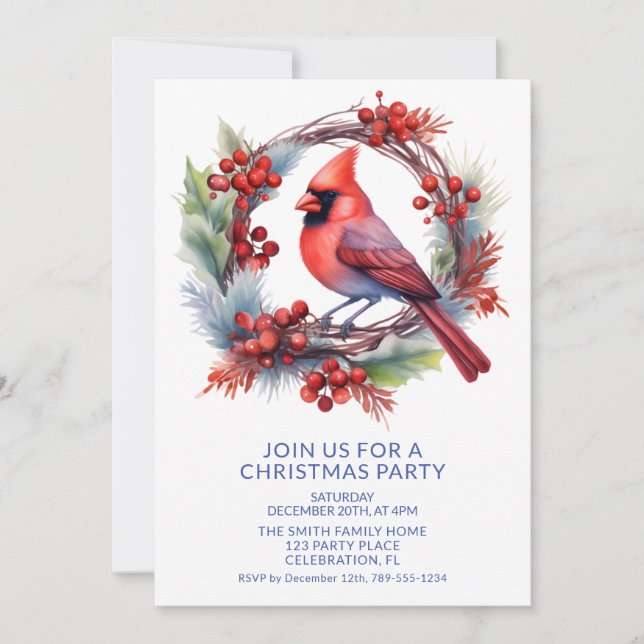 Wreath Cardinal with Blue Font Party Invitation (Front)