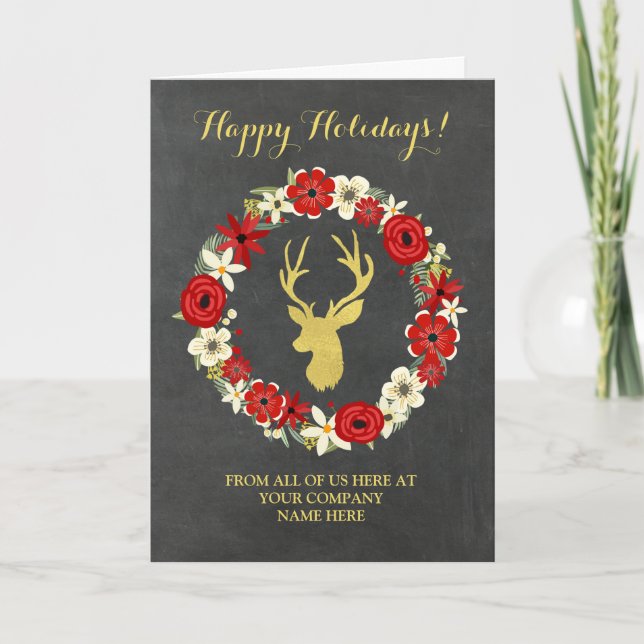 Wreath Chalkboard Gold Deer Corporate Christmas Holiday Card (Front)