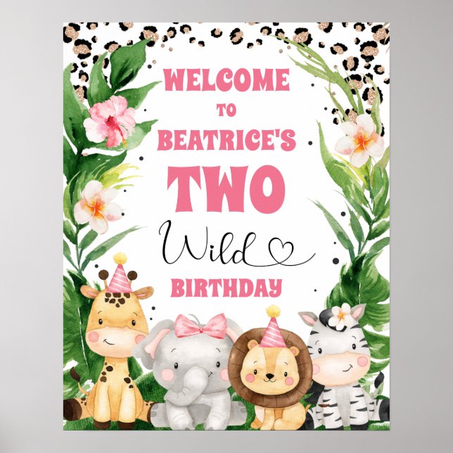 Wreath Cheetah Print Safari Birthday Welcome Sign (Front)
