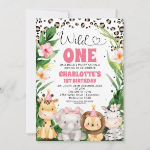 Wreath Cheetah Print Safari Wild One 1st Birthday Invitation