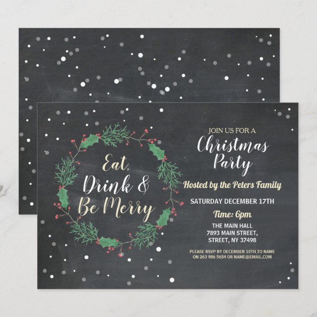 Wreath Christmas Dinner Party Day Holidays Chalk Invitation (Front/Back)