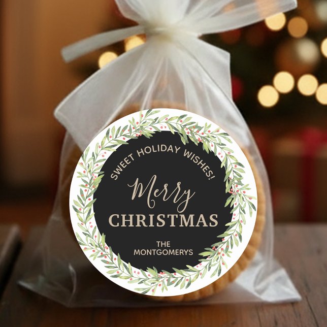 Wreath Christmas Homemade Holiday Baking Classic Round Sticker (Greenery and berries wreath Merry Christmas homemade holiday baking stickers)