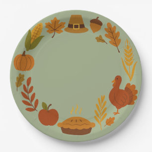 Wreath Circular Thanksgiving Sage Green Paper Plate