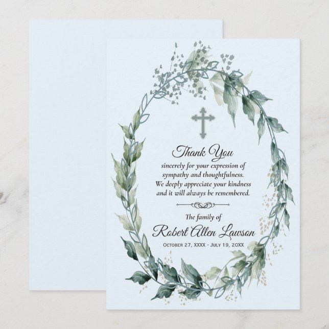 Wreath Cross Funeral Memorial Thank You Cards (Front/Back)