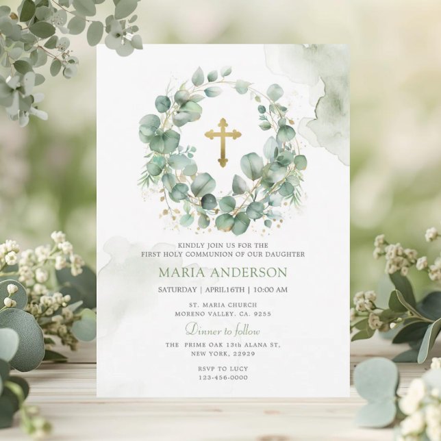 Wreath Eucalyptus Greenery First Holy Communion  Invitation (Creator Uploaded)