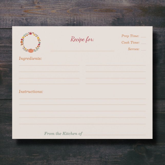 Wreath & Fall Bridal Shower Recipe Card (Fall Bridal Shower Recipe Card - Front)