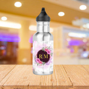 Wreath Floral Initial Letter Monogram Name Marble 532 Ml Water Bottle