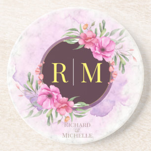 Wreath Floral Initial Letter Monogram Name Marble Coaster