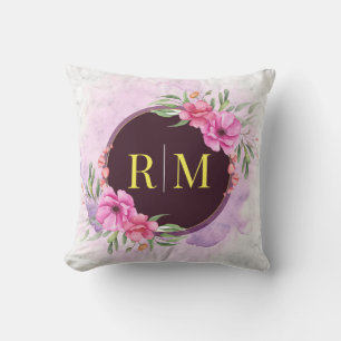 Wreath Floral Initial Letter Monogram Name Marble Cushion