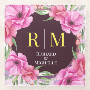 Wreath Floral Initial Letter Monogram Name Marble Glass Coaster