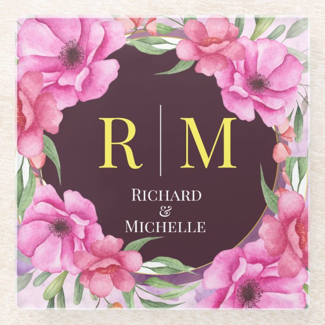 Wreath Floral Initial Letter Monogram Name Marble Glass Coaster (Front)