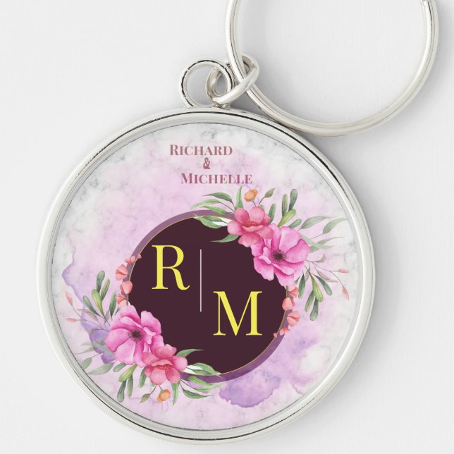 Wreath Floral Initial Letter Monogram Name Marble Key Ring (Front)