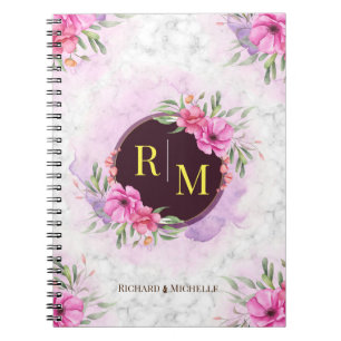 Wreath Floral Initial Letter Monogram Name Marble Notebook