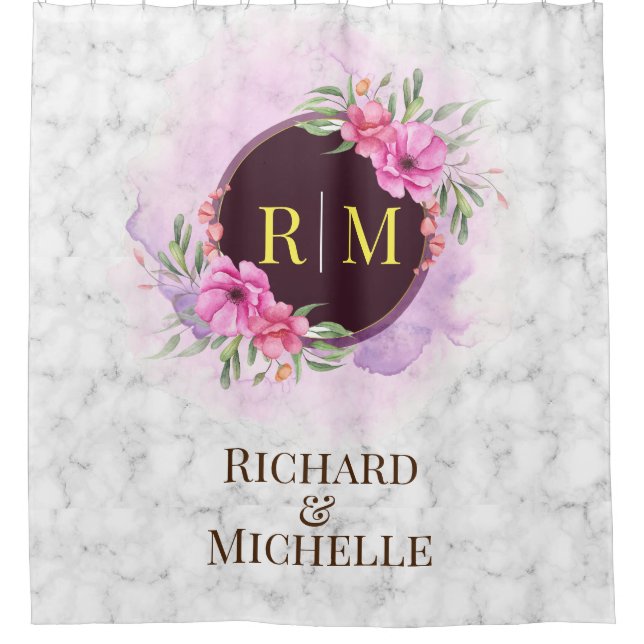 Wreath Floral Initial Letter Monogram Name Marble Shower Curtain (Front)