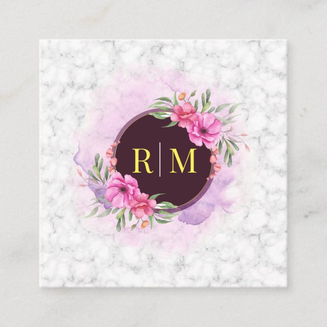 Wreath Floral Initial Letter Monogram Name Marble  Square Business Card (Front)