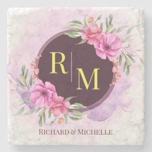 Wreath Floral Initial Letter Monogram Name Marble Stone Coaster