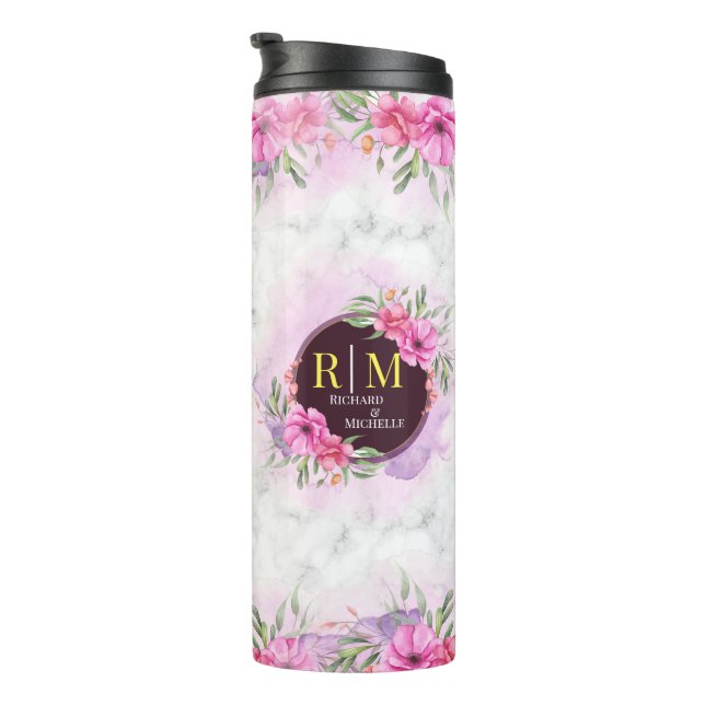 Wreath Floral Initial Letter Monogram Name Marble Thermal Tumbler (Rotated Right)