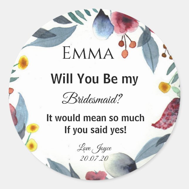 Wreath Floral Will You Be My Bridesmaid Sticker (Front)