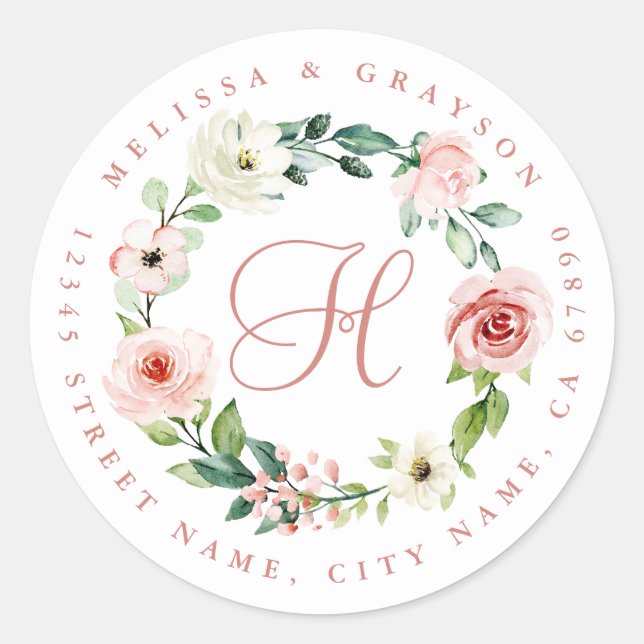 Wreath Flowers Personalised Initial Round Stickers (Front)