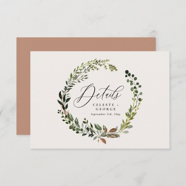 Wreath foliage botanical barn wedding details card (Front/Back)