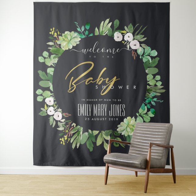 WREATH FOLIAGE WATERCOLOR  BABY SHOWER WELCOME TAPESTRY (In Situ)