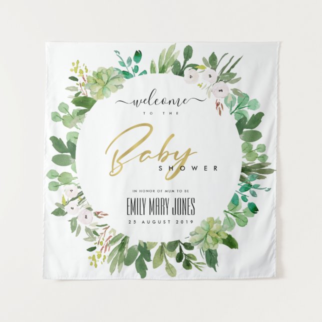 WREATH FOLIAGE WATERCOLOR  BABY SHOWER WELCOME TAPESTRY (Front)