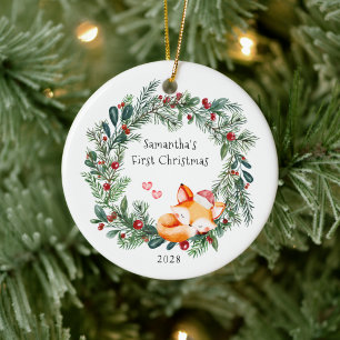 Wreath Fox Baby's First Christmas Tree Ornament