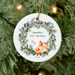 Wreath Fox Baby's First Christmas Tree Ornament