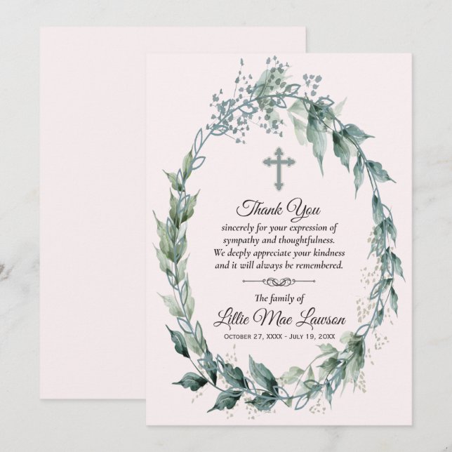Wreath Funeral Memorial Pink Thank You Cards (Front/Back)