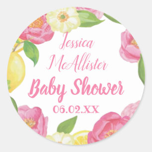 Wreath Girl  Pink Roses Yellow Lemon Baby Shower  Classic Round Sticker