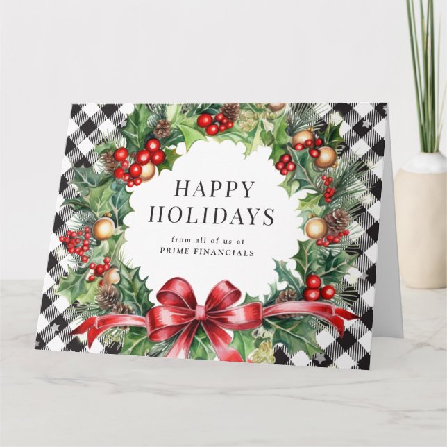 Wreath Holly Berries Black Plaid Business Holiday  Card (Front)