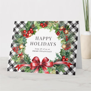 Wreath Holly Berries Black Plaid Business Holiday  Card