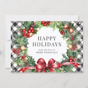 Wreath Holly Berries Black Plaid Business Holiday Card
