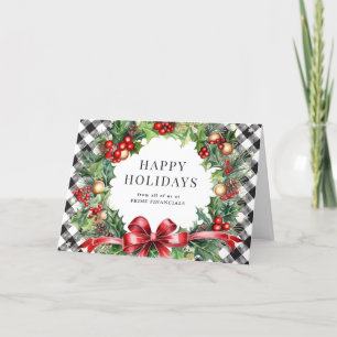 Wreath Holly Berries Black Plaid Business Holiday Card
