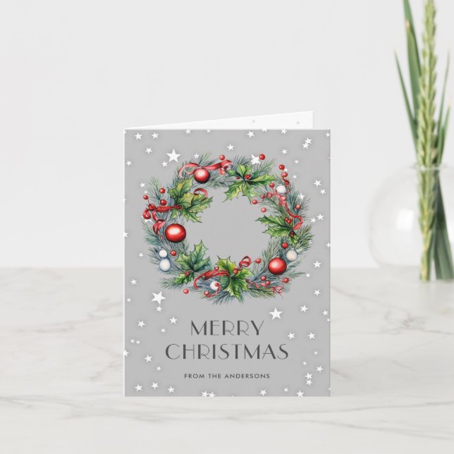Wreath Holly Berries Ornaments Merry Christmas Holiday Card (Front)