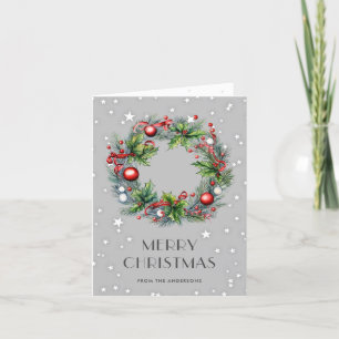 Wreath Holly Berries Ornaments Merry Christmas Holiday Card
