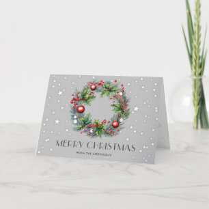 Wreath Holly Berries Ornaments Stars Christmas Holiday Card