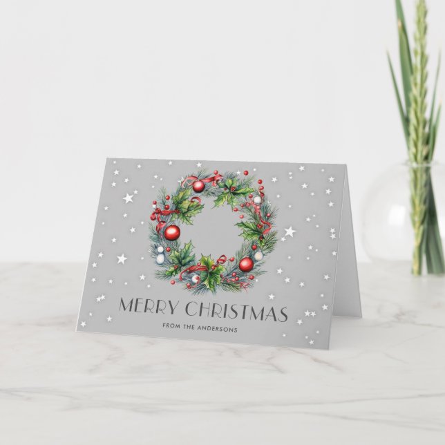 Wreath Holly Berries Ornaments Stars Christmas Holiday Card (Front)