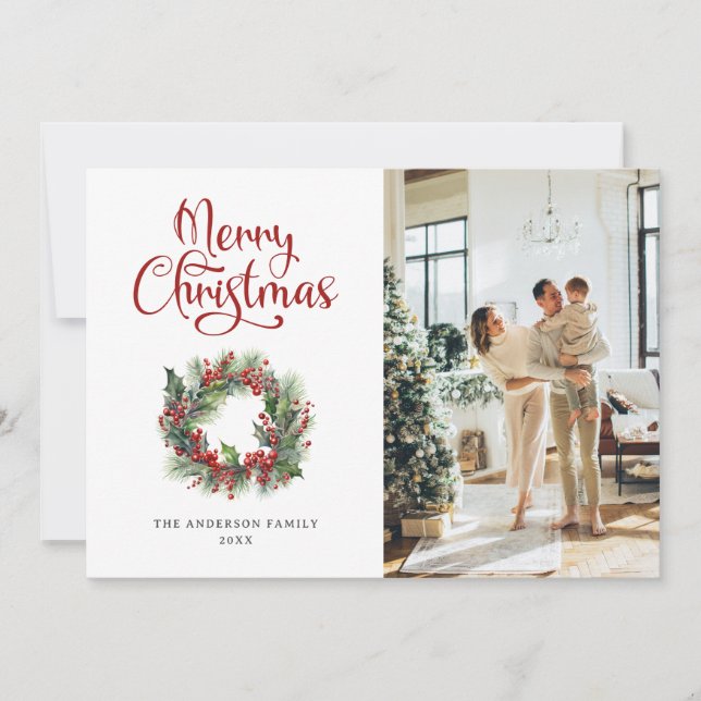 Wreath Holly Berries Photo Merry Christmas Card (Front)