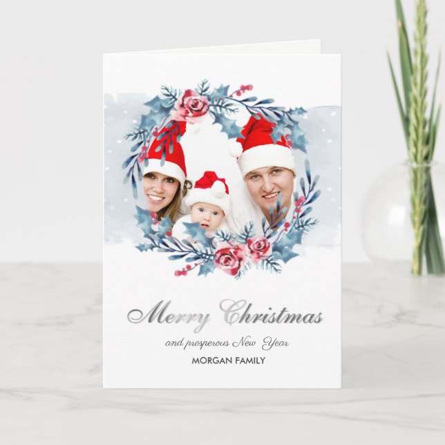Wreath Holly Berry Flowers Photo Merry Christmas Holiday Card (Front)