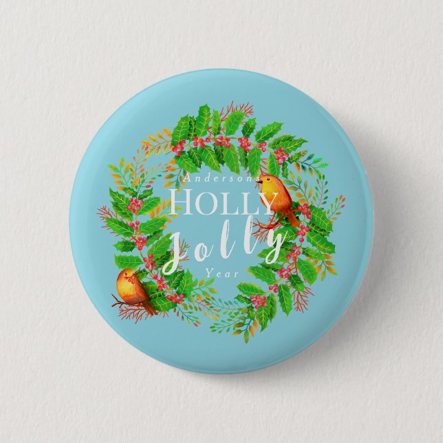 Wreath Holly Jolly Christmas Teal 6 Cm Round Badge (Front)